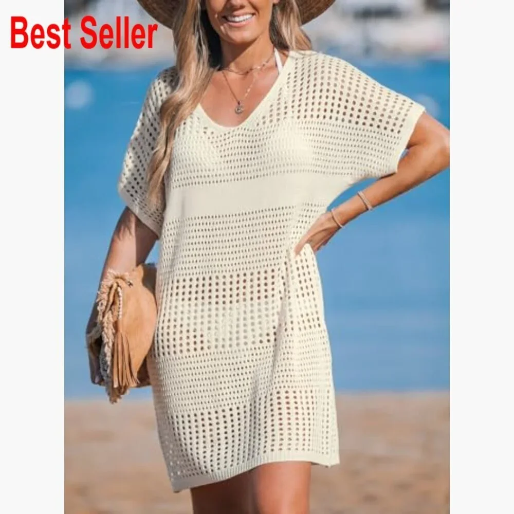 Crochet Swimsuit Cover Up Short Sleeve Beach Dress V Neck